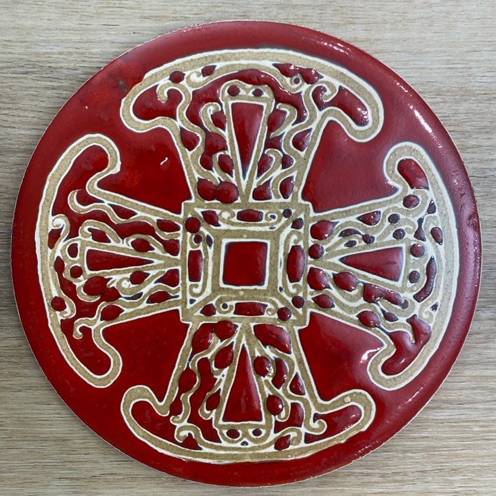 Vintage Fat Lava Ceramic Trivet Clowes Wood England Mid Century Boho Red